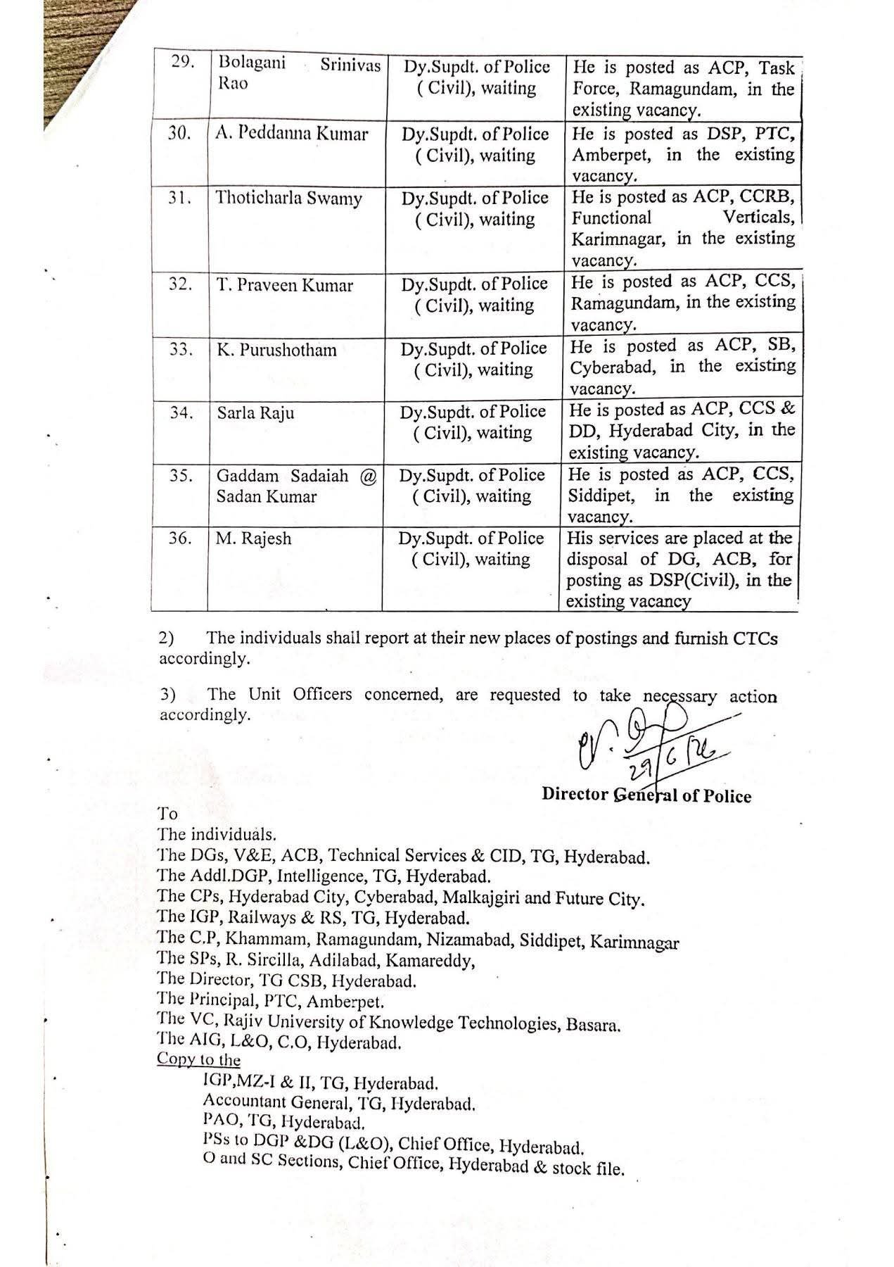 తెలంగాణలో భారీగా డీఎస్పీల బదిలీలు.. ఉత్తర్వులు జారీ చేసిన డీజీపీ - Additional Image